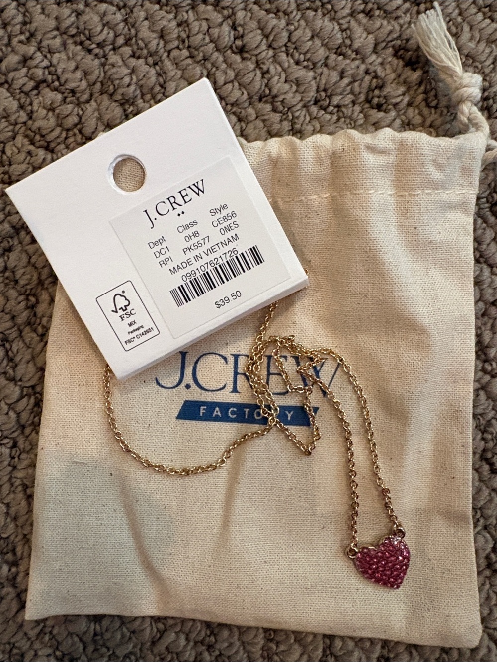 J. Crew Gold Chain Necklace with Pink Crystal Heart Pendant
